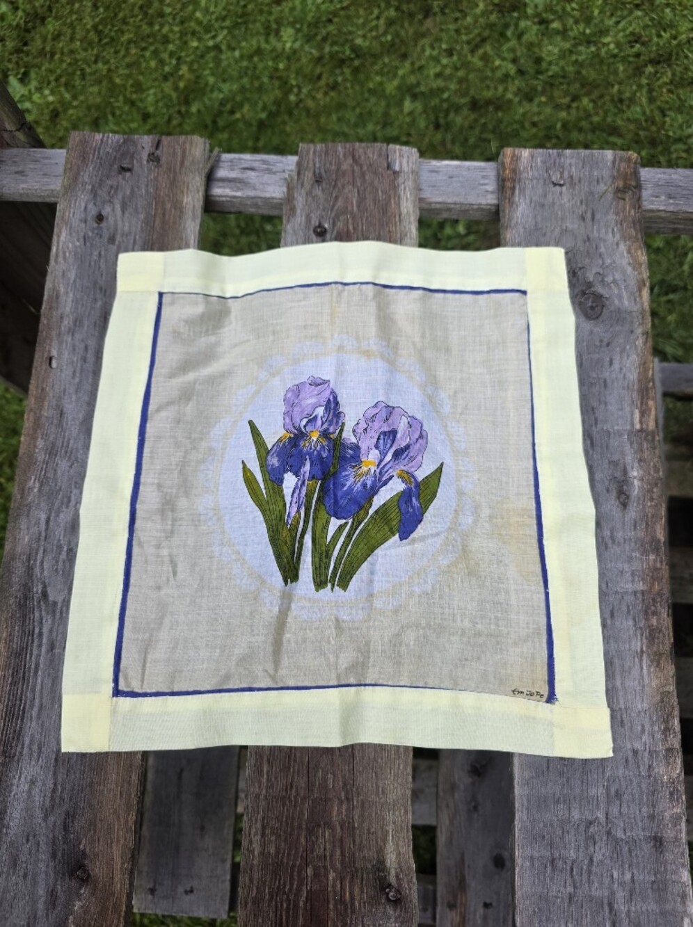 EM JO PE Pale Signed Hankie Flowers handkerchief